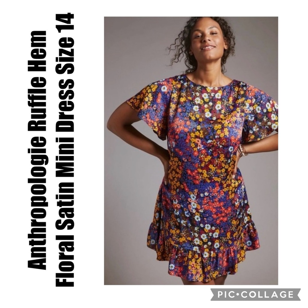 Anthropologie Ruffle Hem Floral Satin Mini Dress Size 14